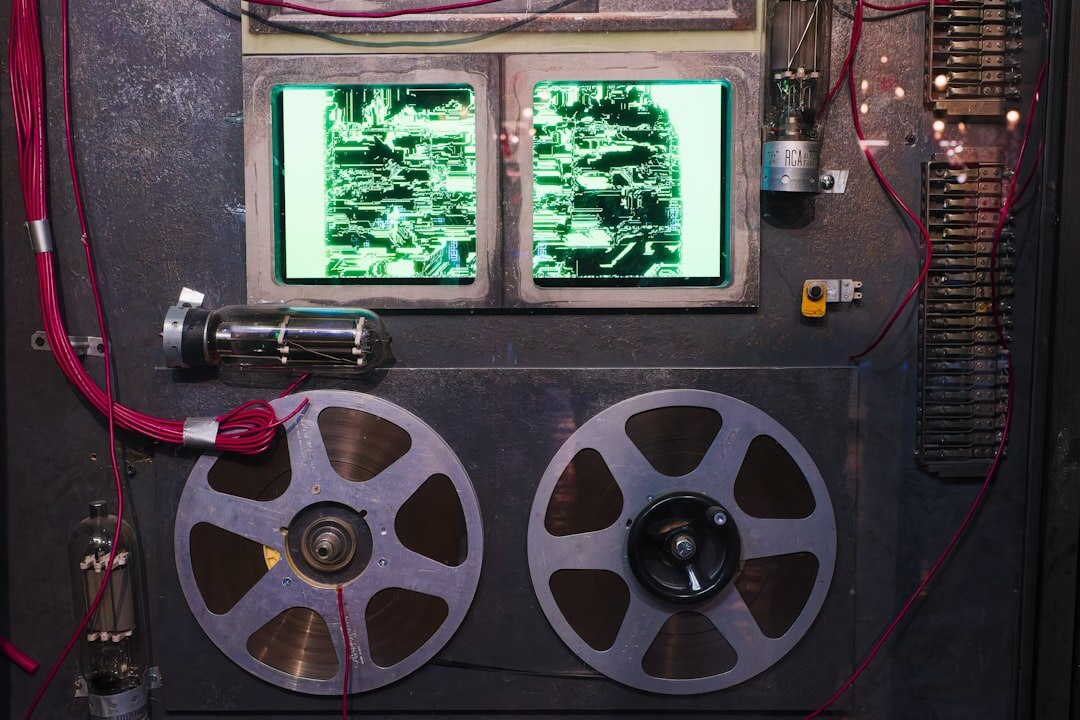 Analog video editing suite with tape reels and CRT monitors
